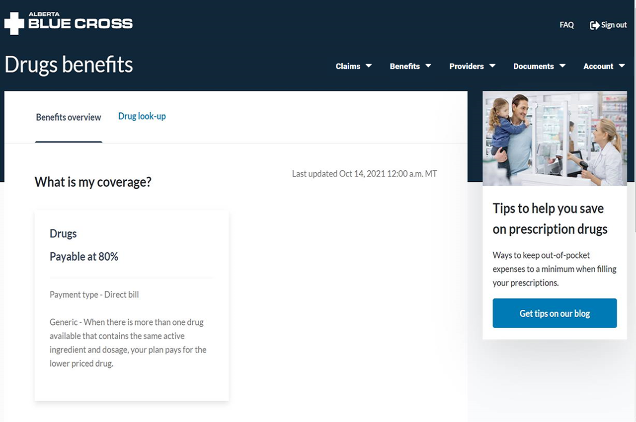 Alberta Blue Cross® member site home page.